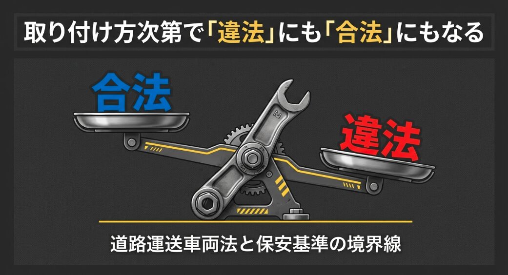 天秤に乗せられた合法と違法の文字と工具のイラスト。取り付け方次第で判定が変わることを表現