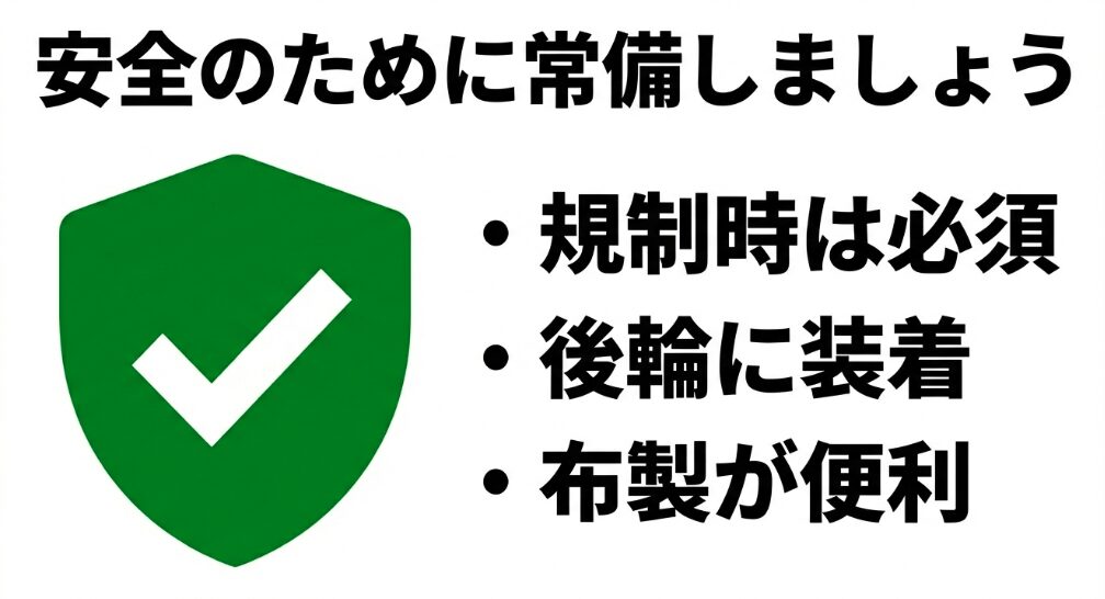 「安全のために常備しましょう:規制時は必須、後輪に装着、布製が便利」というまとめテキスト