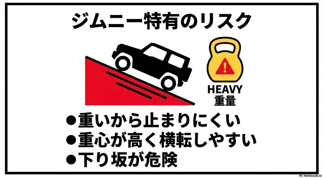 下り坂を下るジムニーのイラストと、「ジムニー特有のリスク:重いから止まりにくい、重心が高く横転しやすい、下り坂が危険」というテキスト