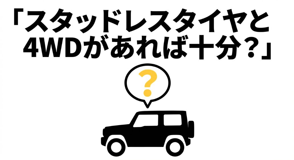 ジムニーのシルエットと「スタッドレスタイヤと4WDがあれば十分?」という疑問テキスト