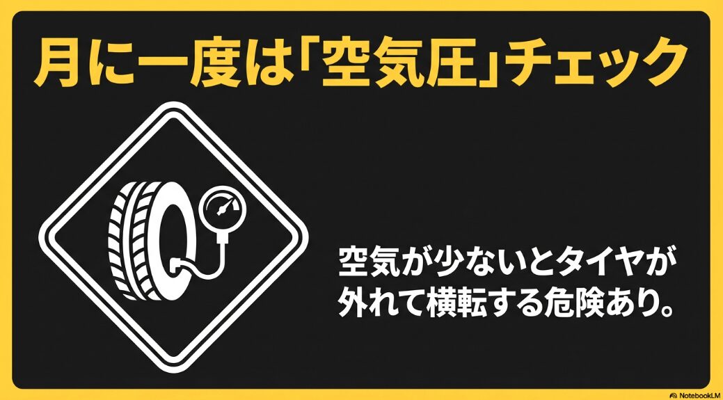 月に一度は空気圧をチェックすること。空気が少ないとタイヤが外れて横転する危険があることを示すイラスト
