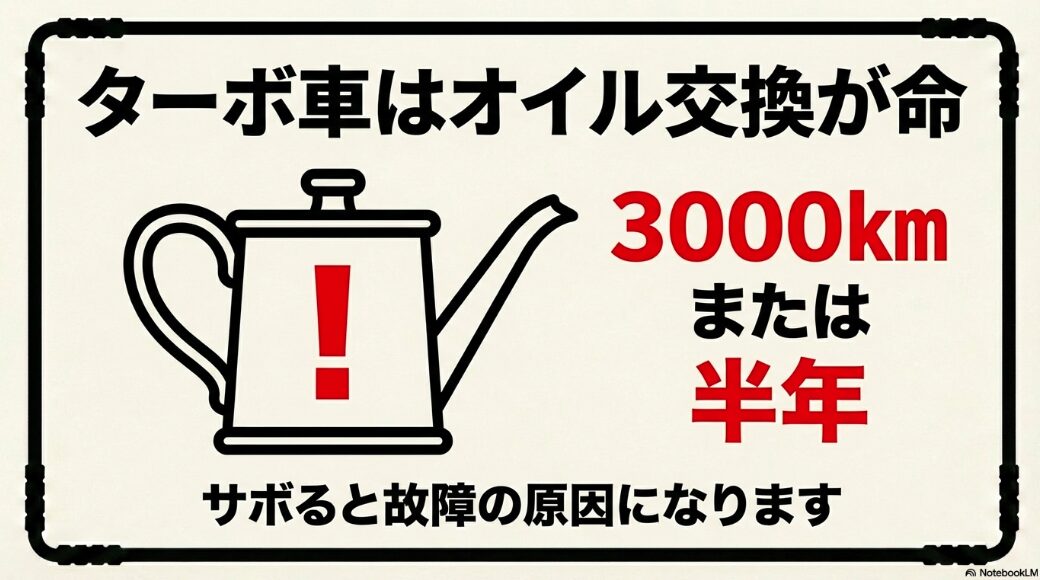 ターボ車の故障を防ぐための3000kmまたは半年ごとのオイル交換