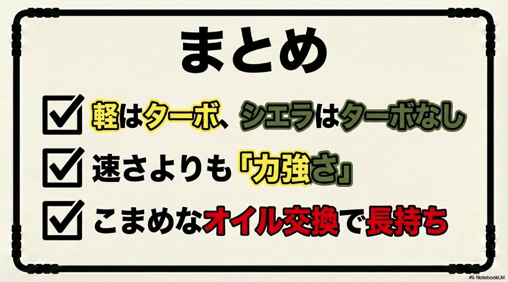 軽はターボ、シエラはNA、オイル交換の重要性をまとめたスライド