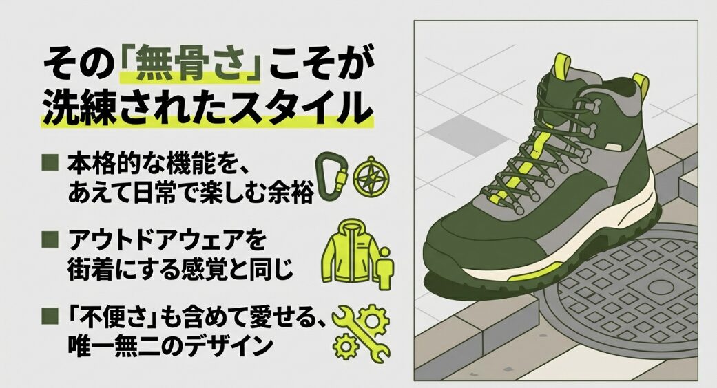 アウトドアウェアを街着にする感覚で乗るジムニー。本格的な機能を日常で楽しむ、唯一無二のデザイン。