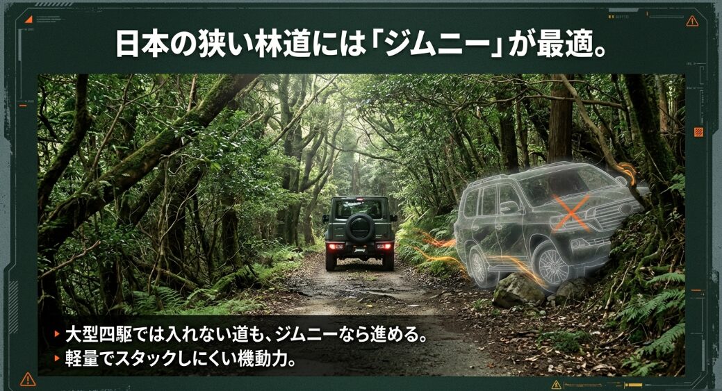 狭い林道でも進めるジムニーとスタックする大型四駆の比較イメージ