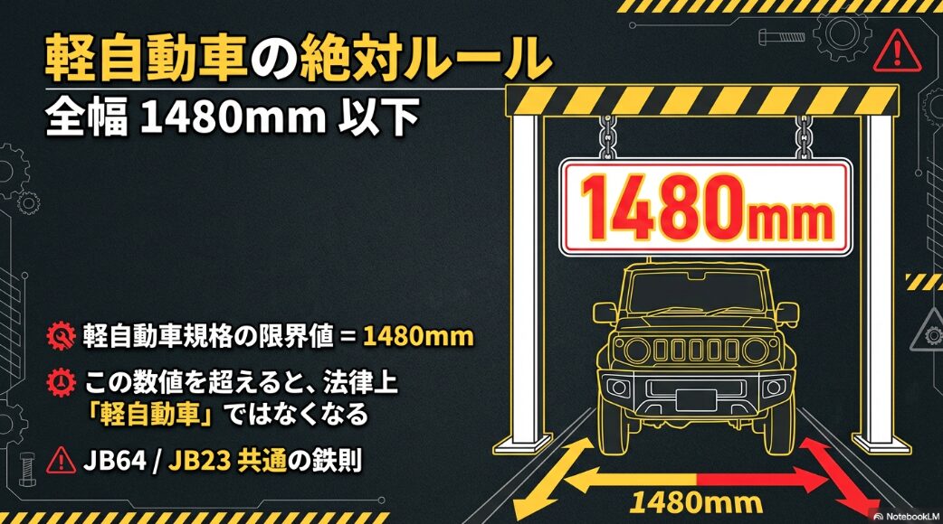 軽自動車の絶対ルールである全幅1480mm以下のゲートを通るジムニーのイラスト