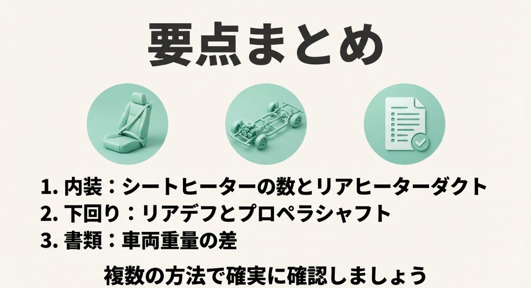 4WDを見分ける要点まとめ 。内装 、下回り 、書類 など、複数の方法で確実に確認する ことを推奨している。