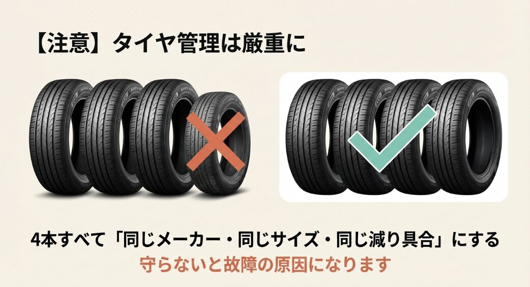 タイヤの比較画像。故障の原因になるため 、4本すべて同じメーカー・同じサイズ・同じ減り具合にする 必要があることを警告している。