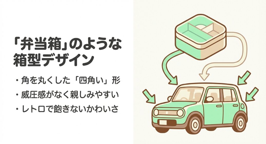 角を丸くした四角い形で威圧感がなく親しみやすい、レトロで飽きないかわいさを持つ初代ラパンの箱型デザイン