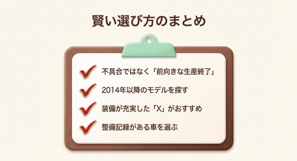 前向きな生産終了、2014年以降、Xグレード推奨、整備記録の確認などの選び方まとめリスト