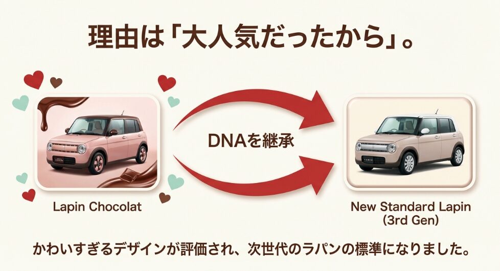 大人気だったデザインのDNAが3代目の新標準ラパンに継承されたことを示す図解
