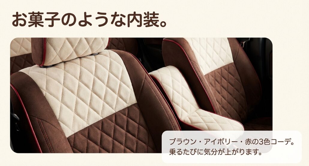 お菓子のようなブラウン、アイボリー、赤の3色コーデが施されたラパンショコラの内装シート
