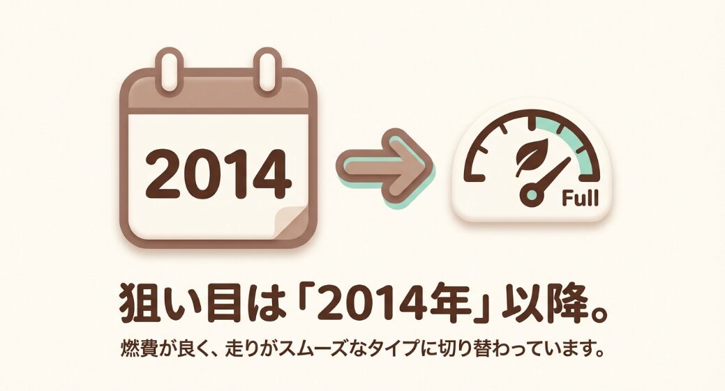 燃費が良く走りがスムーズな2014年以降が狙い目であることを示すスライド