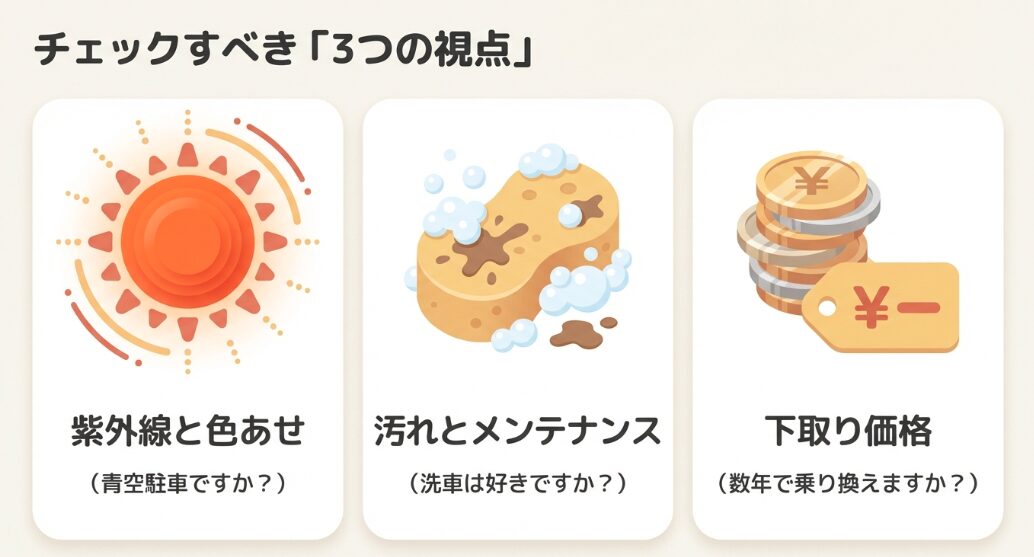 紫外線と色あせ、汚れとメンテナンス、下取り価格の3つの視点を示すスライド