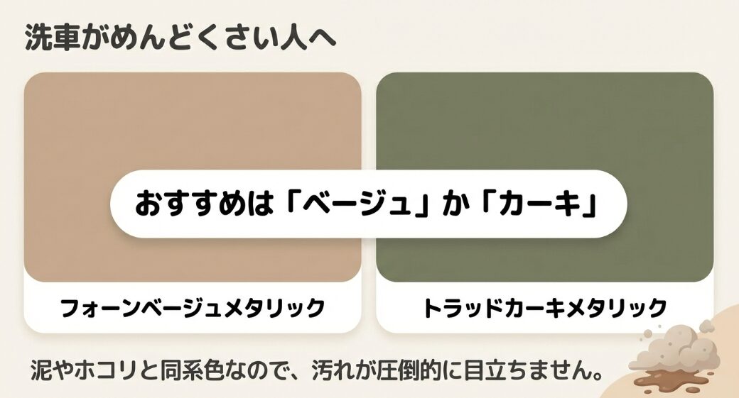 汚れが目立たないフォーンベージュメタリックとトラッドカーキメタリックをおすすめするスライド