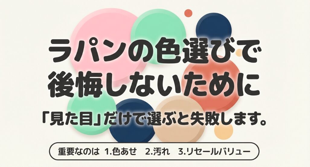 ラパンの色選びで失敗しないための3つの重要ポイント（色あせ、汚れ、リセールバリュー）を解説するスライド
