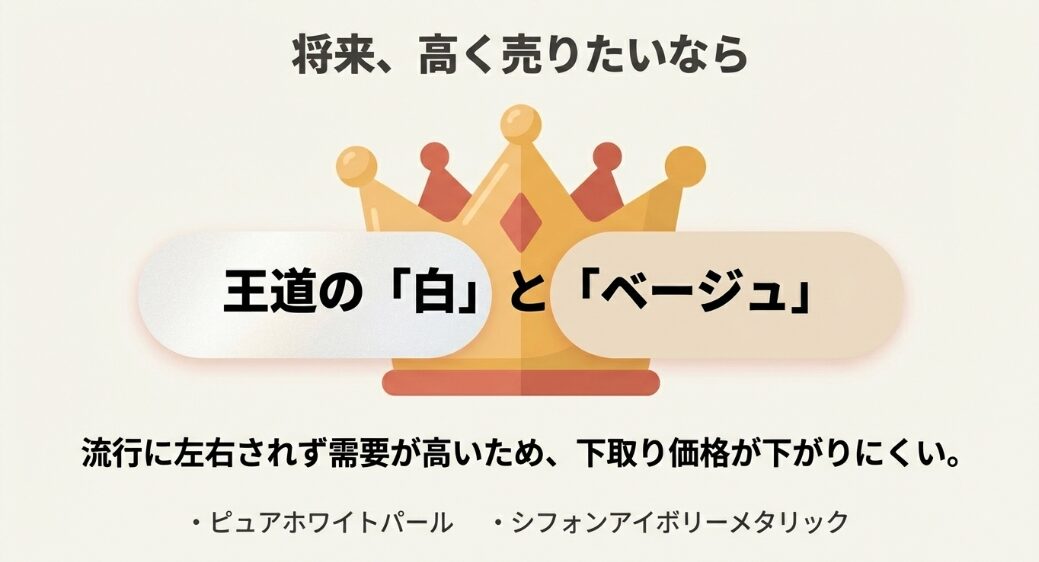 下取り価格が下がりにくいピュアホワイトパールとシフォンアイボリーメタリックを紹介するスライド