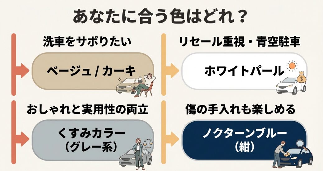 洗車頻度やリセール重視などの目的別に合うラパンの色をまとめた診断表スライド