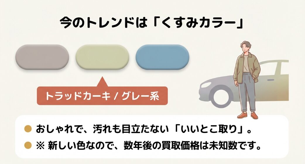 おしゃれで汚れも目立たないトラッドカーキやグレー系のくすみカラーを紹介するスライド