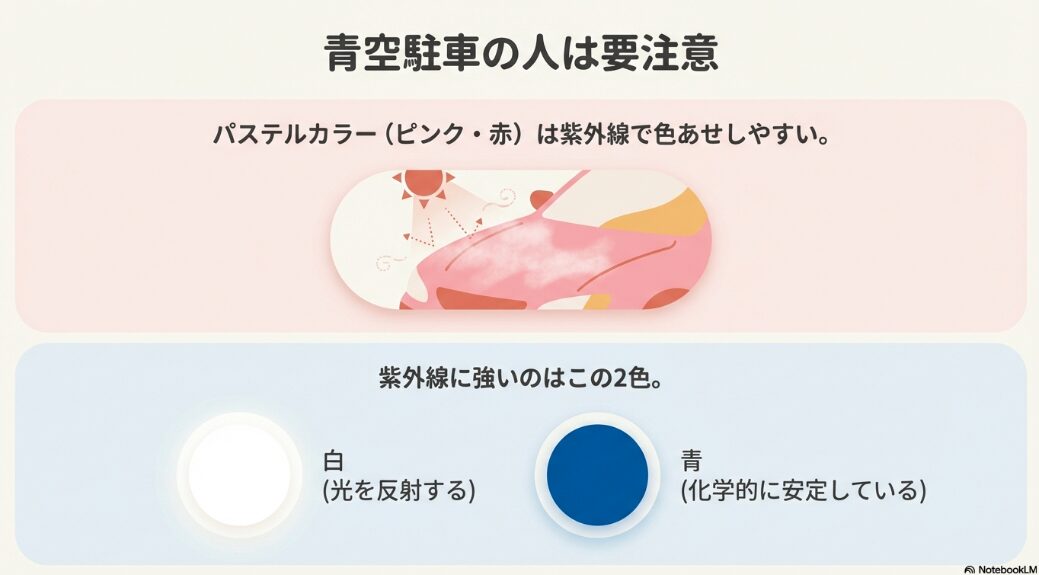 青空駐車でパステルカラーが色あせしやすいことと、紫外線に強い白と青を解説するスライド
