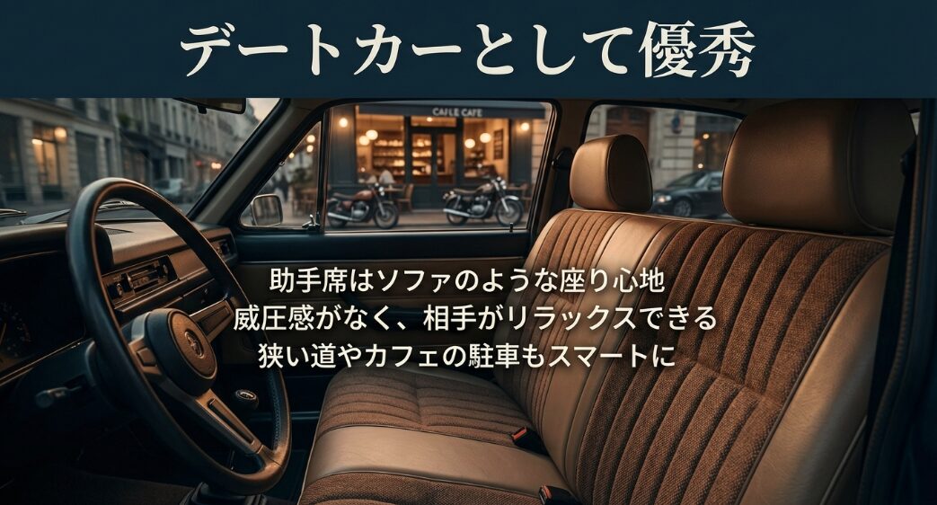 助手席はソファのような座り心地で威圧感がなく、狭い道やカフェの駐車もスマートにこなせるためデートカーとして優秀
