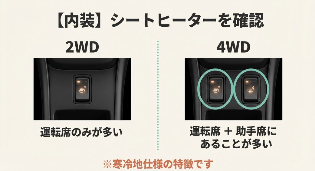 ラパンの内装シートヒータースイッチ 。2WDは運転席のみが多く 、4WDは運転席と助手席にあることが多い ことを示す比較画像。