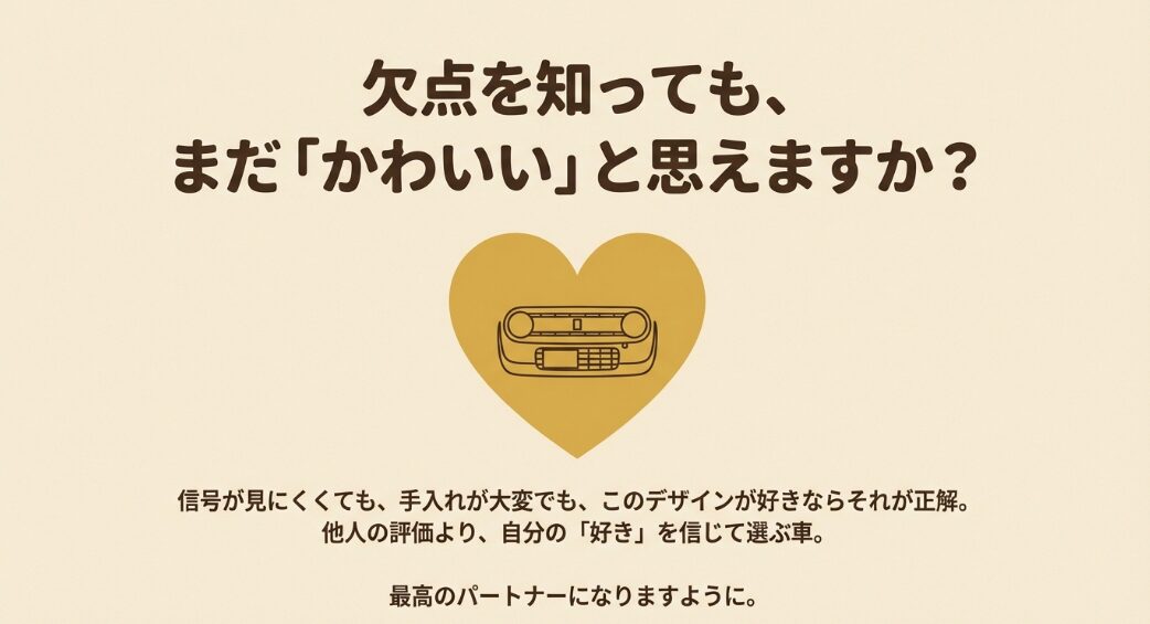 欠点を理解した上で、自分の好きという気持ちを信じてラパンLCを選ぶことをすすめるスライド