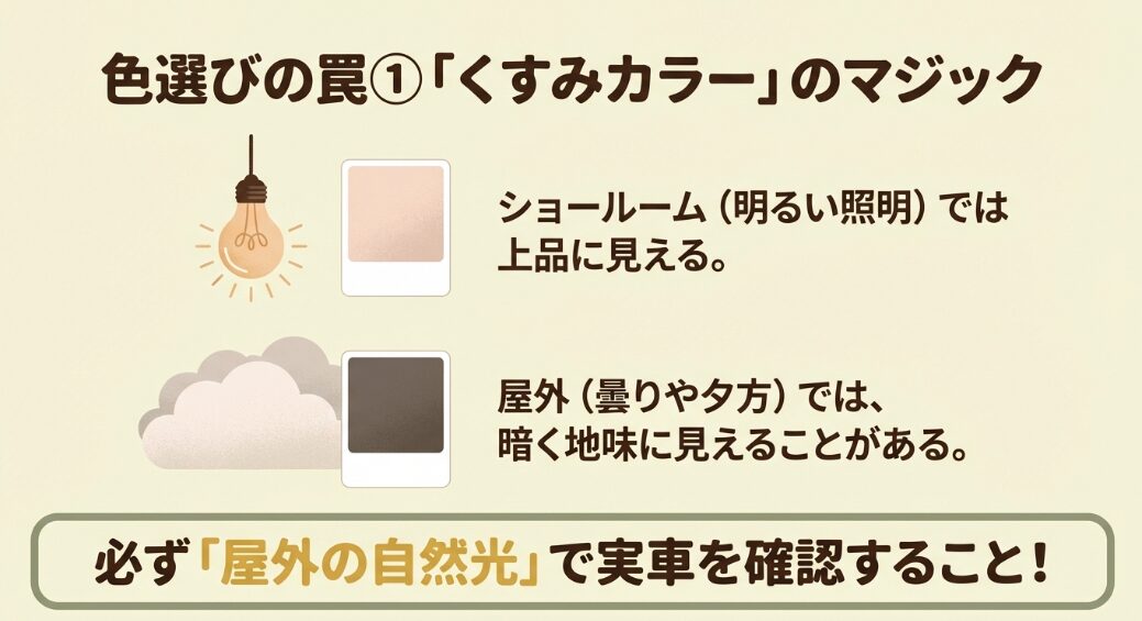 ショールームの照明と屋外の自然光でラパンLCのくすみカラーの見え方が変わるため注意が必要だというスライド