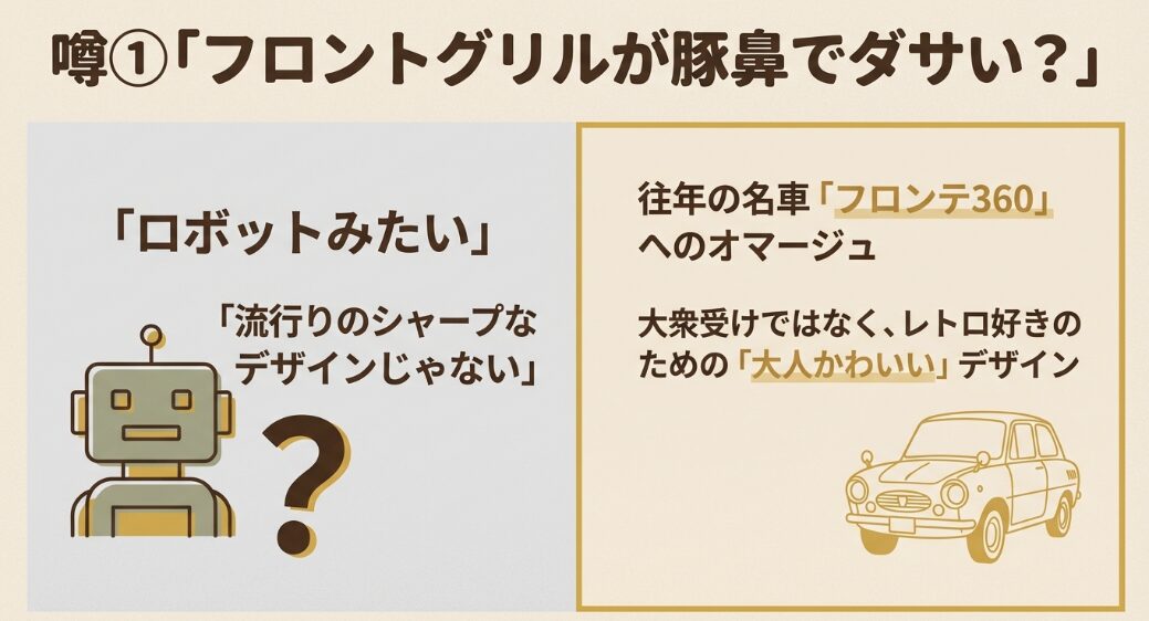 ロボットやフロンテ360をモチーフにしたラパンLCの豚鼻風フロントグリルについて解説するスライド