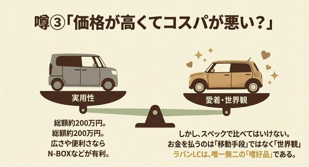 総額約200万円のラパンLCは実用性ではなく世界観や嗜好品として選ぶ車であることを説明するスライド