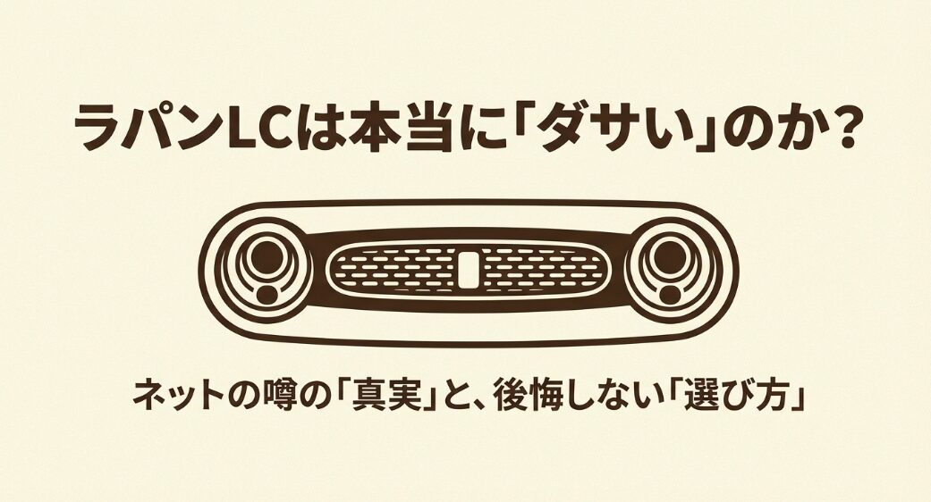 ラパンLCのフロントグリルと「ラパンLCは本当に『ダサい』のか？ネットの噂の真実と選び方」というタイトルのスライド画像