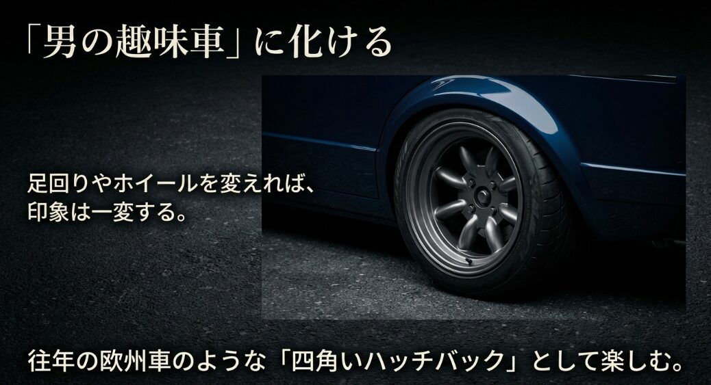 足回りやホイールを変えれば印象は一変し、往年の欧州車のような四角いハッチバックとして楽しむことができるラパン