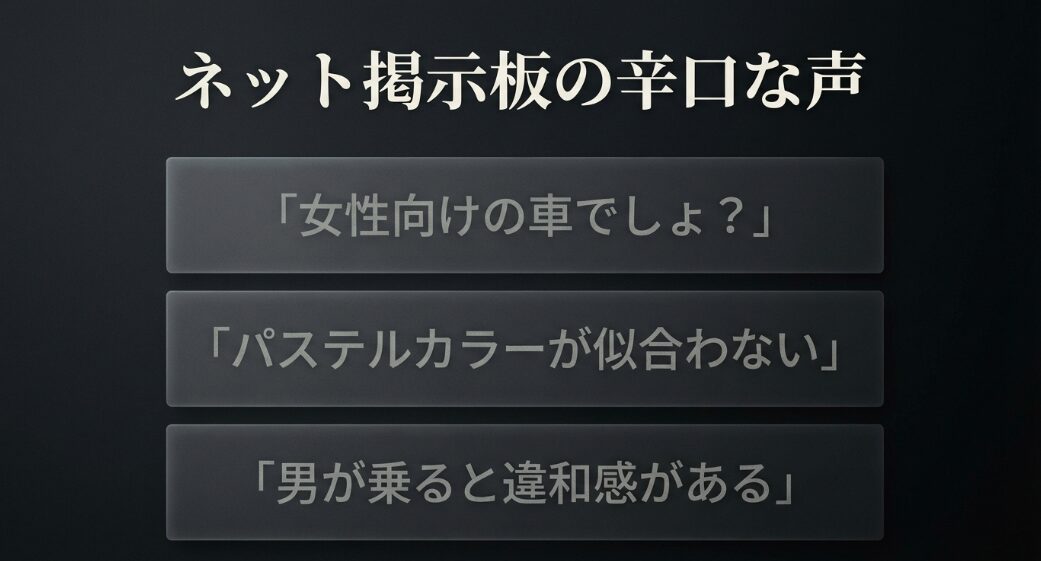 「女性向けの車でしょ?」「パステルカラーが似合わない」「男が乗ると違和感がある」といったネット掲示板の辛口な声