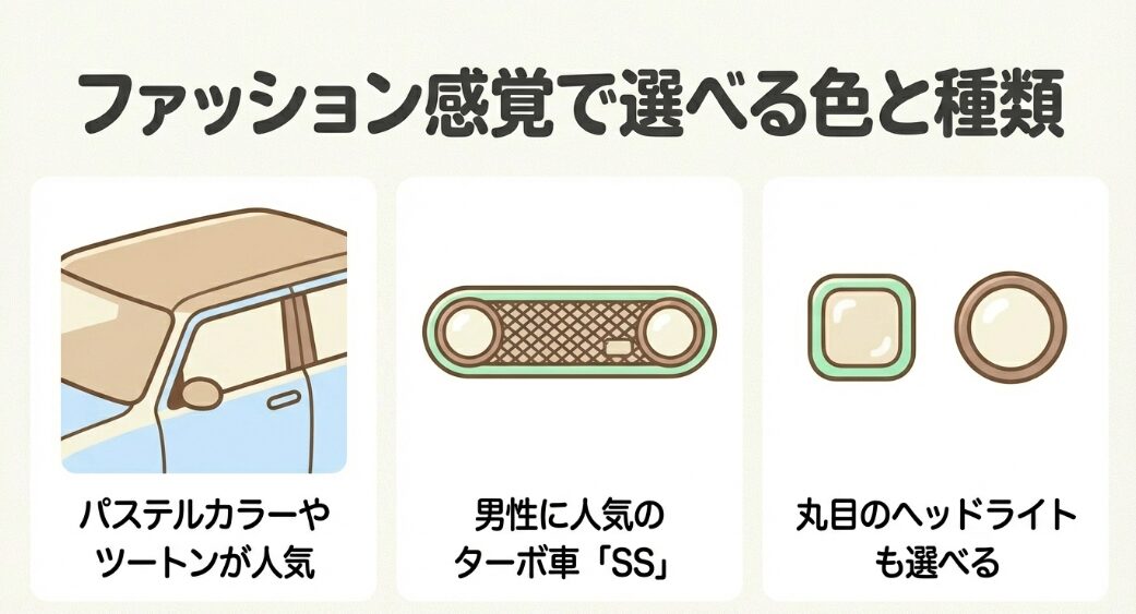 人気のパステルカラーやツートン、男性に人気のターボ車SS、丸目のヘッドライトなど選べるバリエーション