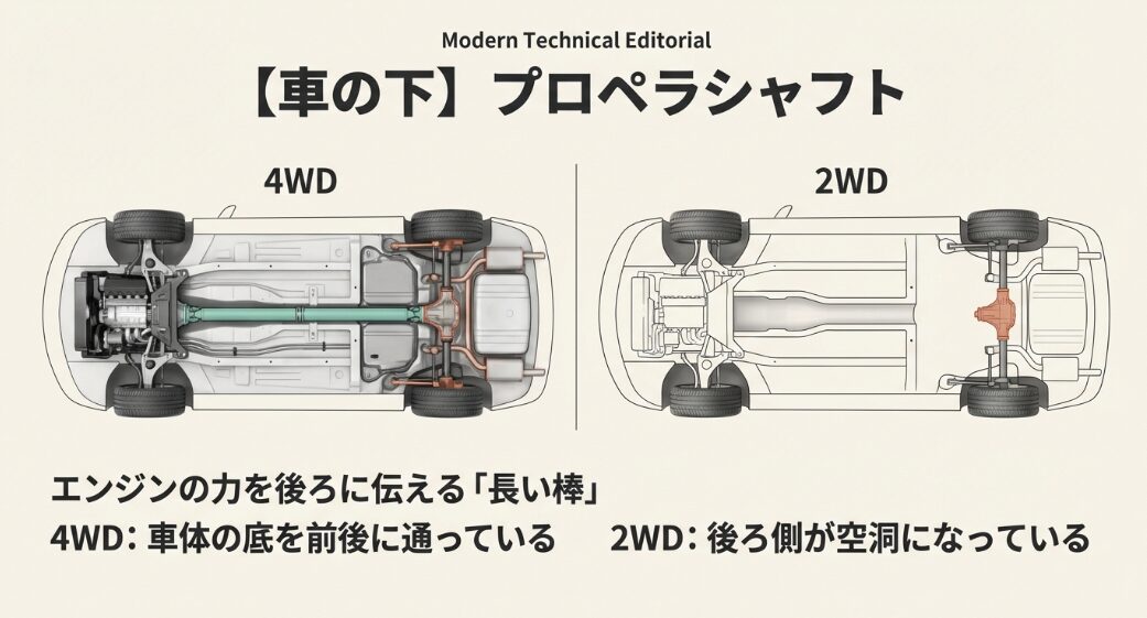 車の底面の透視図。4WDはエンジンの力を後ろに伝える長い棒（プロペラシャフト）が通っている が、2WDは後ろ側が空洞になっている ことを示す比較図。