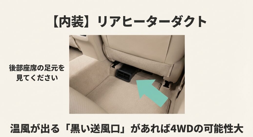 後部座席の足元にあるリアヒーターダクト 。温風が出る黒い送風口があれば4WDの可能性が高い ことを示している。