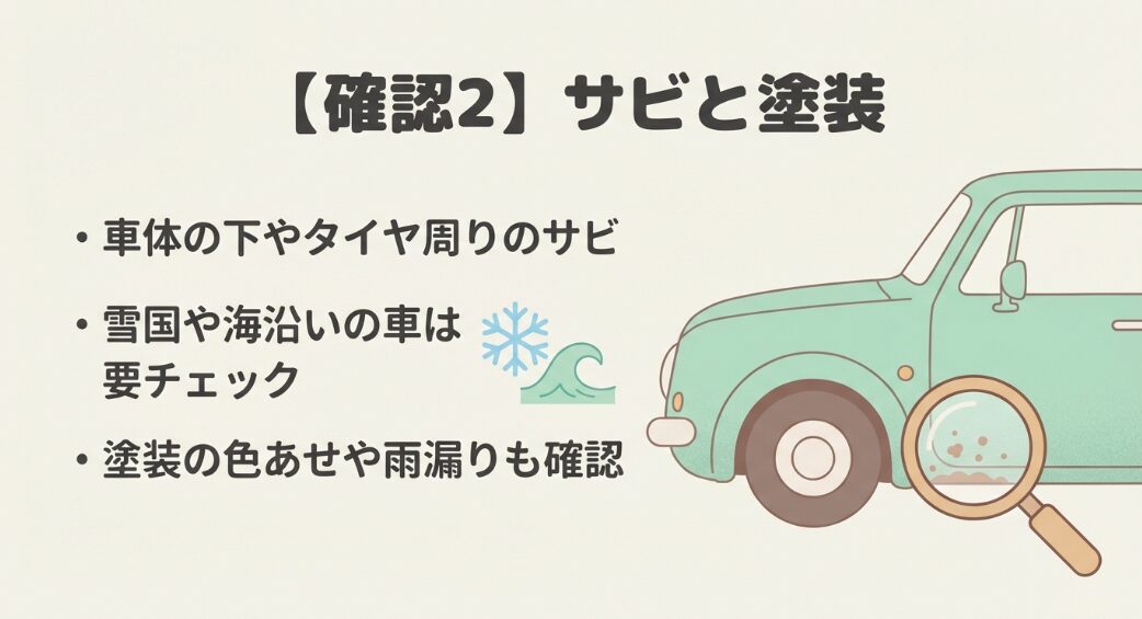 車体の下やタイヤ周りのサビ、雪国や海沿いの車は要チェックとし、塗装の色あせや雨漏りも確認するイラスト