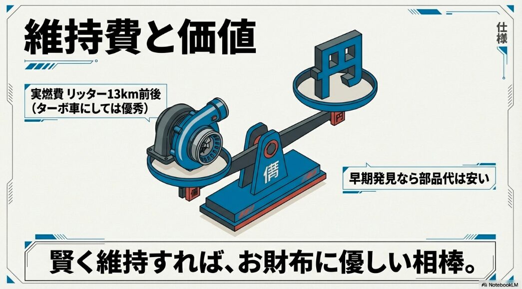 リッター13km前後というターボ車として優秀な実燃費と、早期発見で安く済む維持費の解説