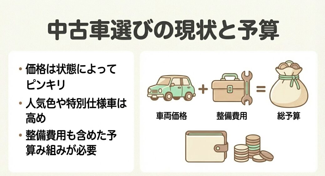 状態によってピンキリな車両価格に、整備費用も含めた総予算の組み込みが必要であることを示すイラスト