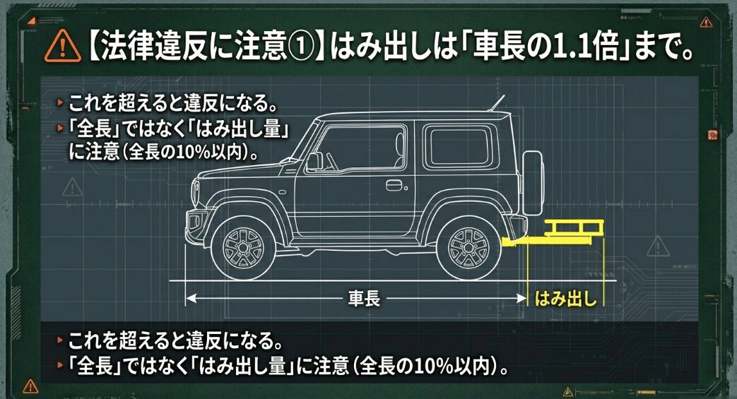 ヒッチキャリアのはみ出し量は車長の1.1倍（10%）以内という法的制限の図解