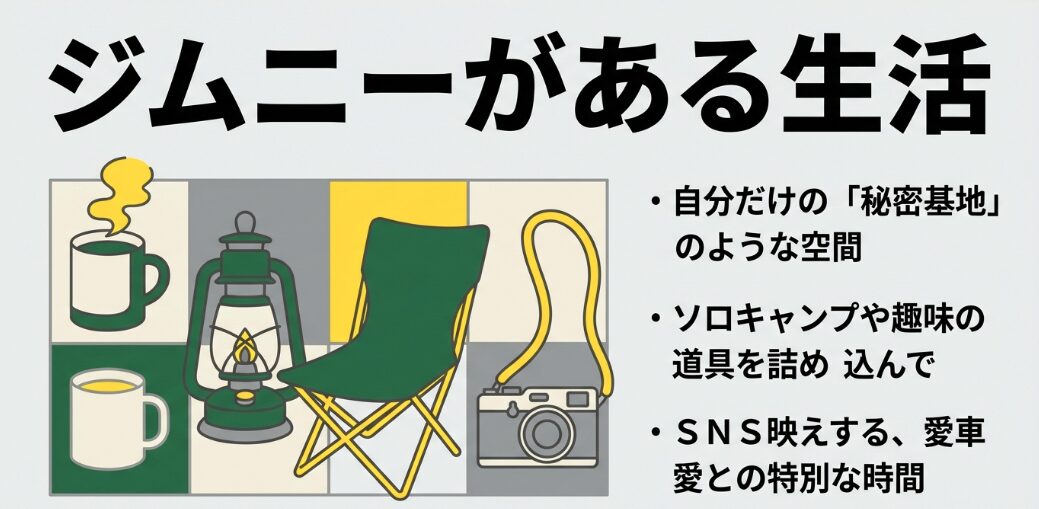 自分だけの秘密基地のような車内空間。ソロキャンプ道具を詰め込んだり、SNS映えする愛車との特別な時間。