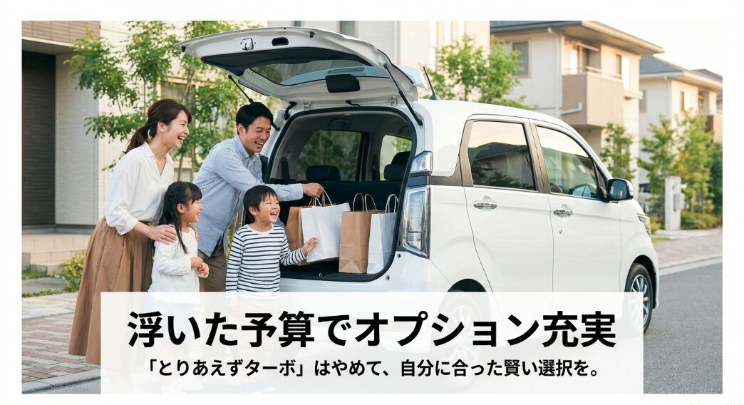 とりあえずターボを選ぶのはやめて、浮いた予算でオプションを充実させる賢い選択を提案するスライド