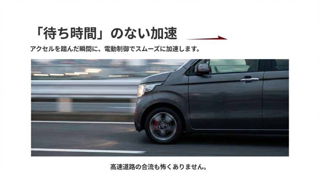 高速道路をスムーズに加速して走行するN-WGNカスタムターボ