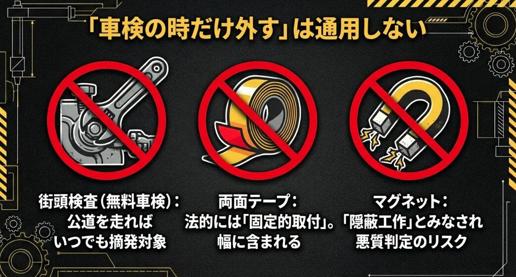 車検時のみパーツを外す行為や、両面テープ・マグネットでの固定が隠蔽工作や悪質判定とみなされるリスクの解説