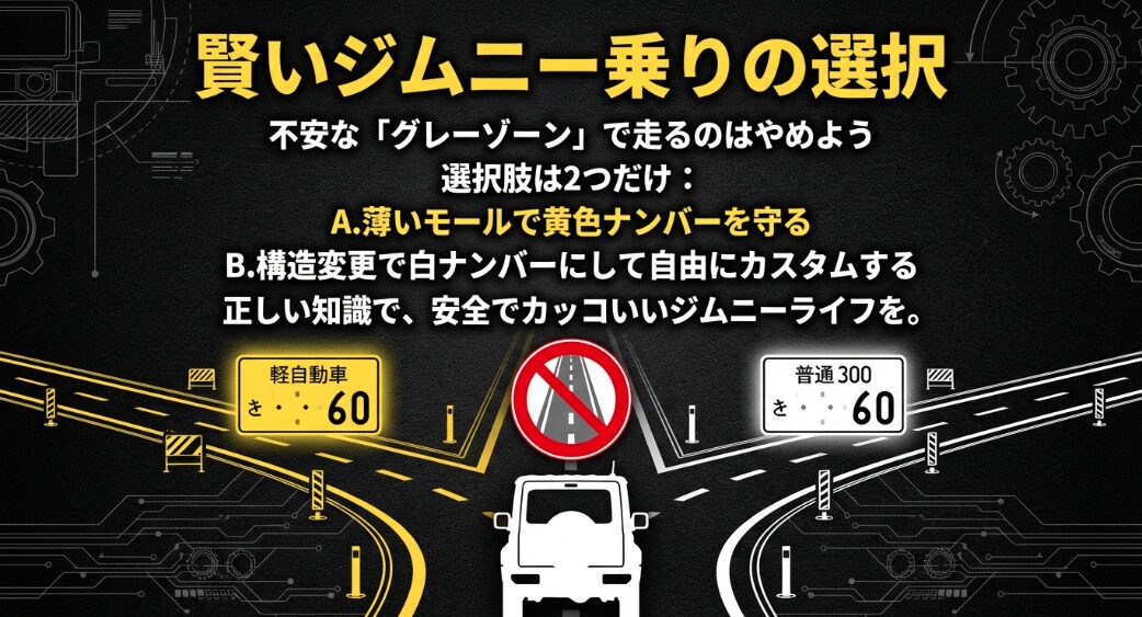 グレーゾーンを避け、薄いモールで黄色ナンバーを守るか、構造変更で白ナンバーにするかという賢いジムニー乗りの2つの選択肢を示す図