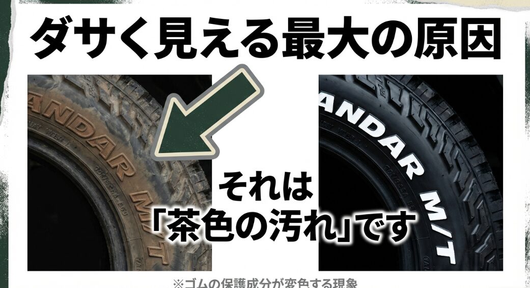 ホワイトレターがダサく見える原因はゴムの保護成分が変色する「茶色の汚れ」