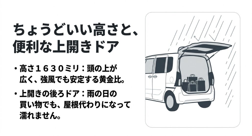 高さ1630ミリは頭の上が広く強風でも安定する黄金比。上開きの後ろドアは雨の日の買い物でも屋根代わりになって濡れません。