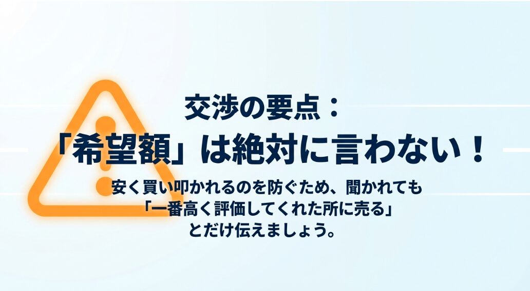 交渉の要点として「希望額」は絶対に言わないこと 。安く買い叩かれるのを防ぐため 、一番高く評価してくれた所に売ると伝える