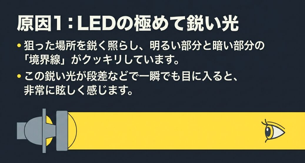 狙った場所を鋭く照らすため境界線がクッキリしており、段差などで鋭い光が一瞬でも目に入ると非常に眩しく感じる原因