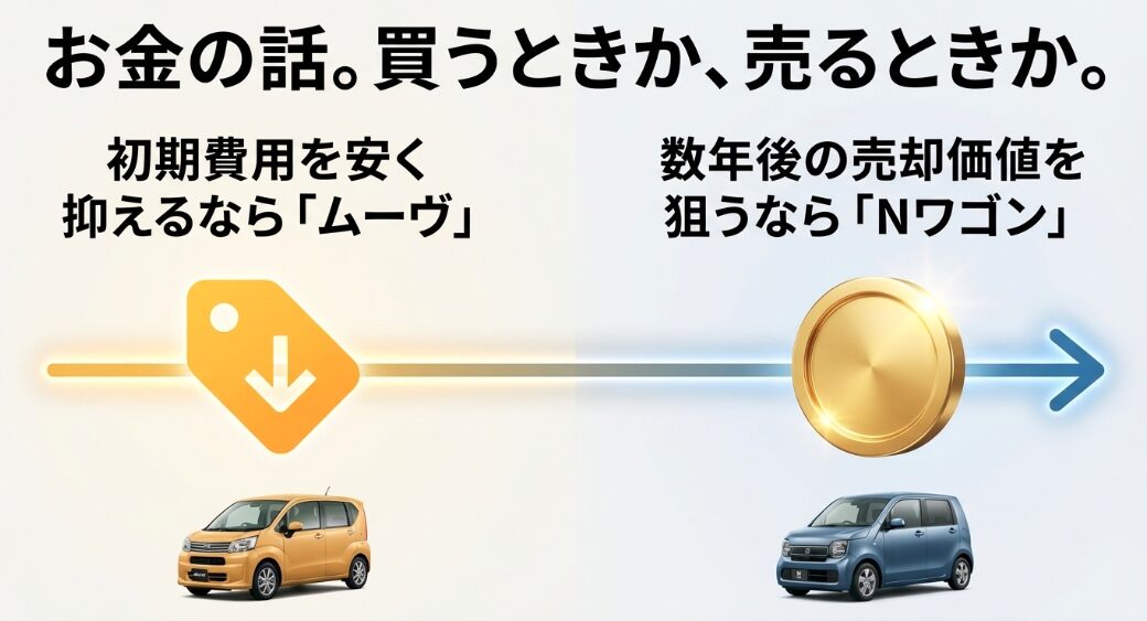 初期費用を安く抑えられるムーヴと、数年後の売却価値が高いN-WGNの経済的な特徴の比較